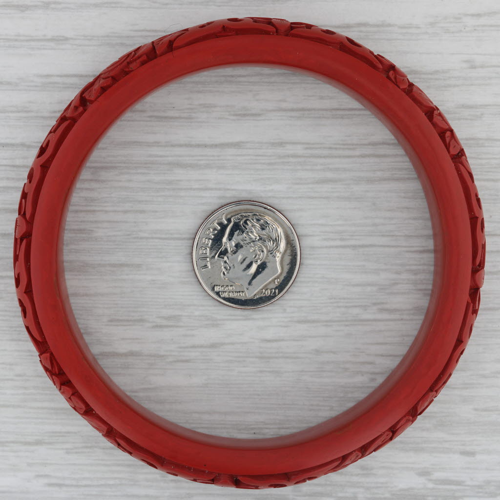 Dark Gray Red Floral Carved Bangle Bracelet 7.5" 15.6mm