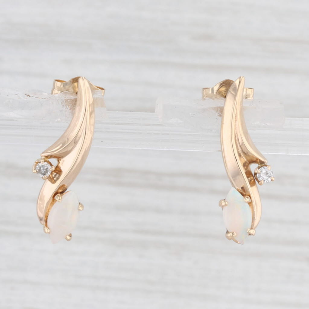 Light Gray Marquise Opal Diamond Drop Earrings 14k Yellow Gold