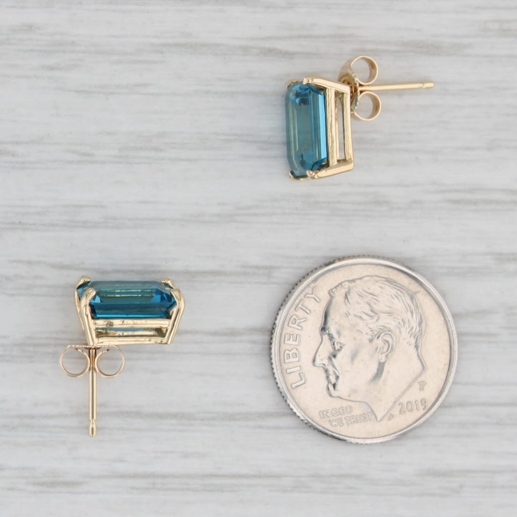 Light Gray 6ctw London Blue Topaz Stud Earrings 14k Yellow Gold Emerald Cut Solitaire Studs