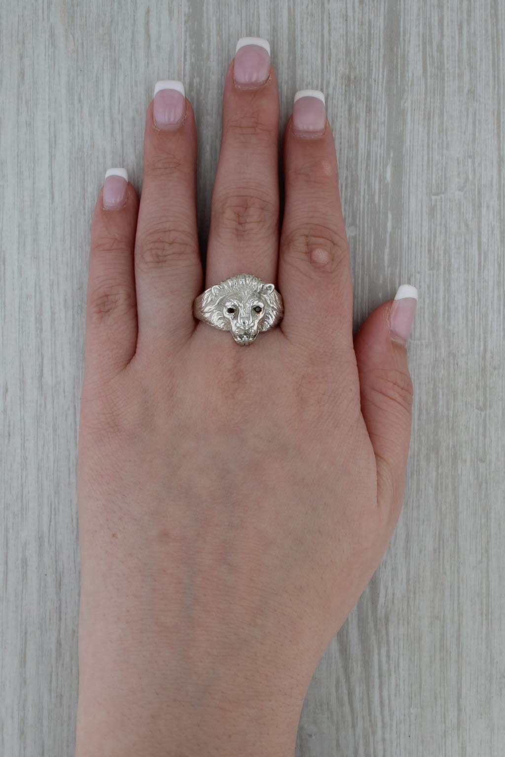 Lions Head Ring Garnet Diamond Sterling Silver Size 13.25