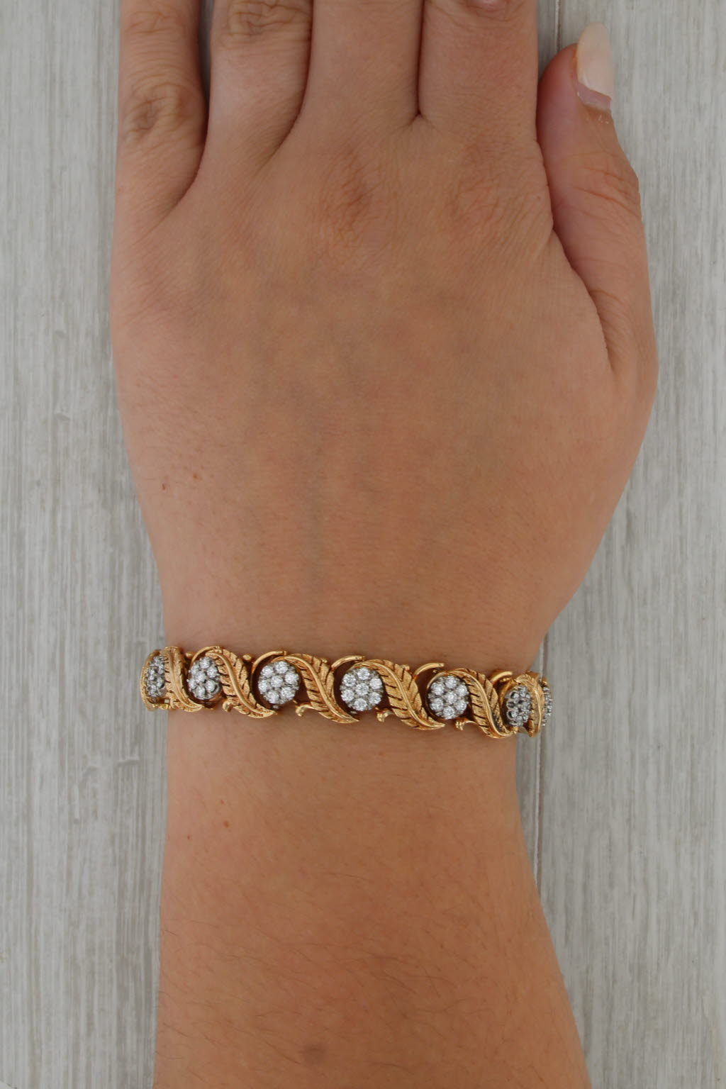 Vintage Jabel 2.50ctw Diamond Flower Leaf Bracelet 18k Yellow Gold 6.5" 10.4mm