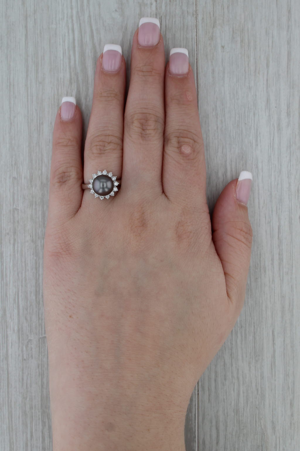 9.4mm Cultured Black Pearl 0.40ctw Diamond Halo Ring 18k White Gold Size 7