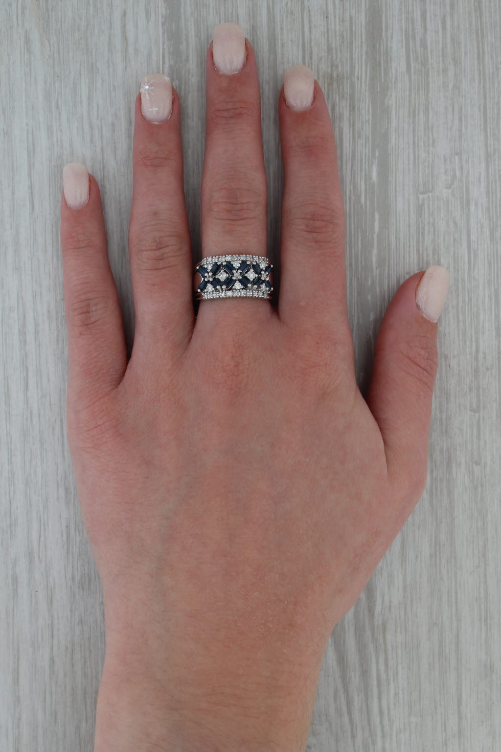 1.66ctw Blue Sapphire Diamond X Pattern Ring 14k White Gold Size 8 Cocktail