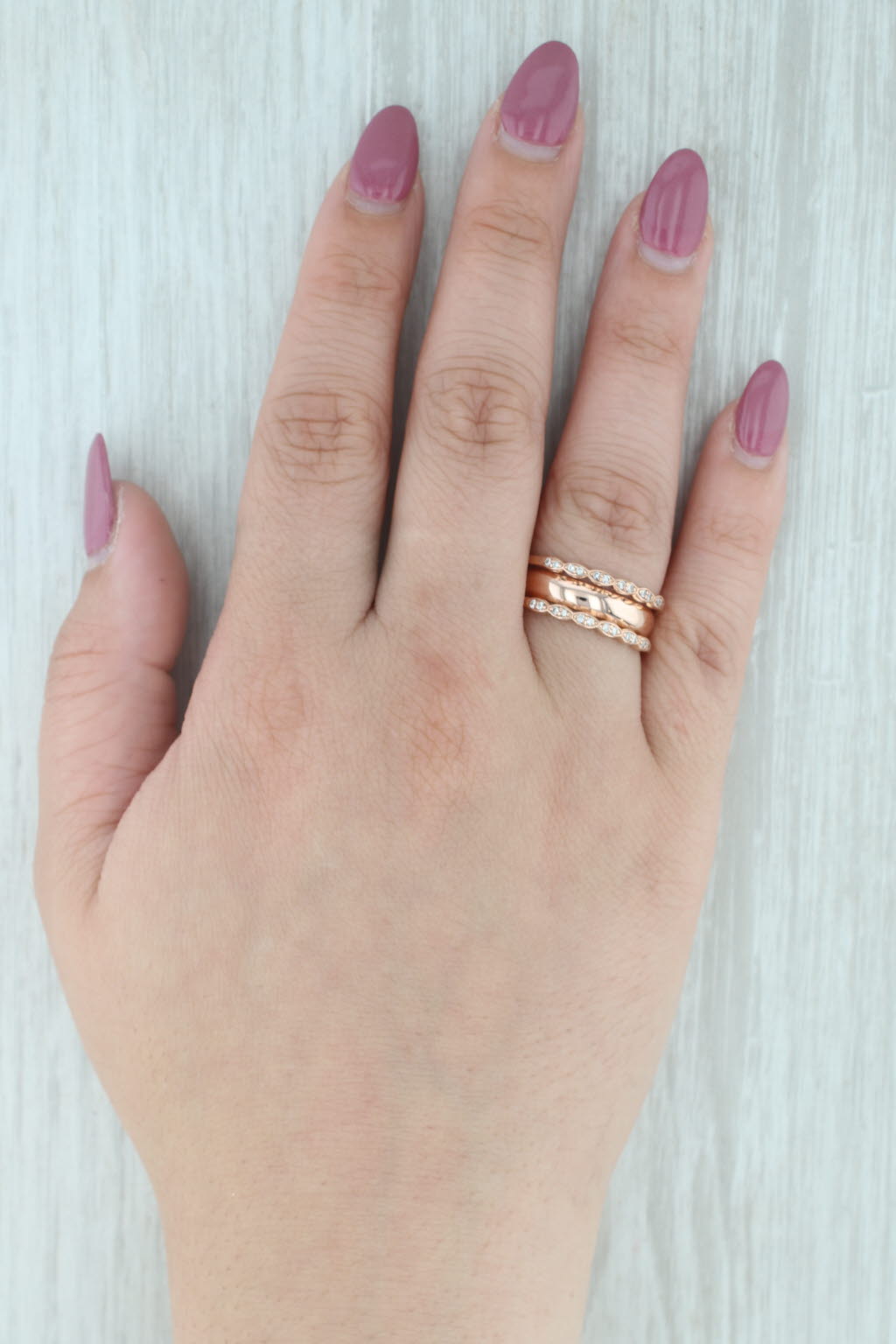 Gray 0.12ctw Soldered 3-Ring Diamond Bands 10k Rose Gold Size 8.25 Stackable Ring