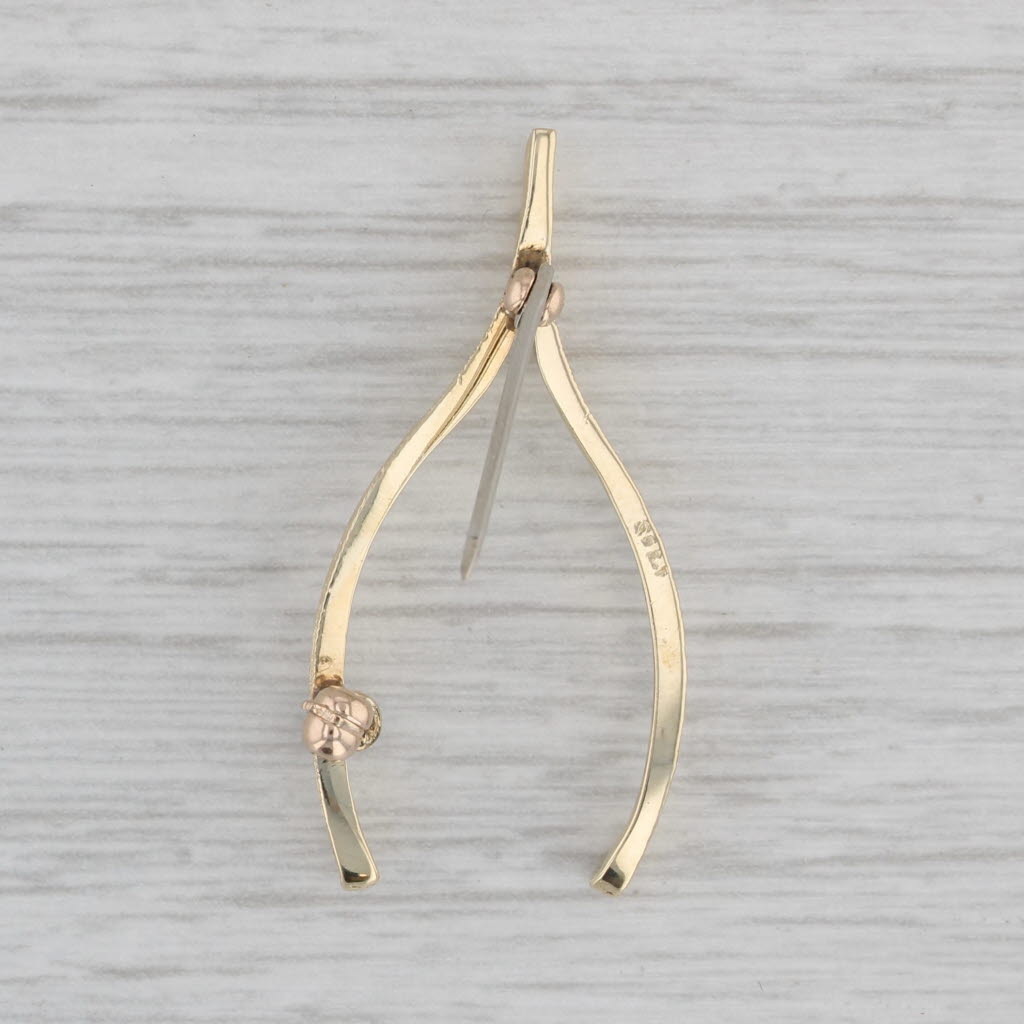 Gray Diamond Accent Wishbone Brooch 14k Yellow Gold Pin Good Luck
