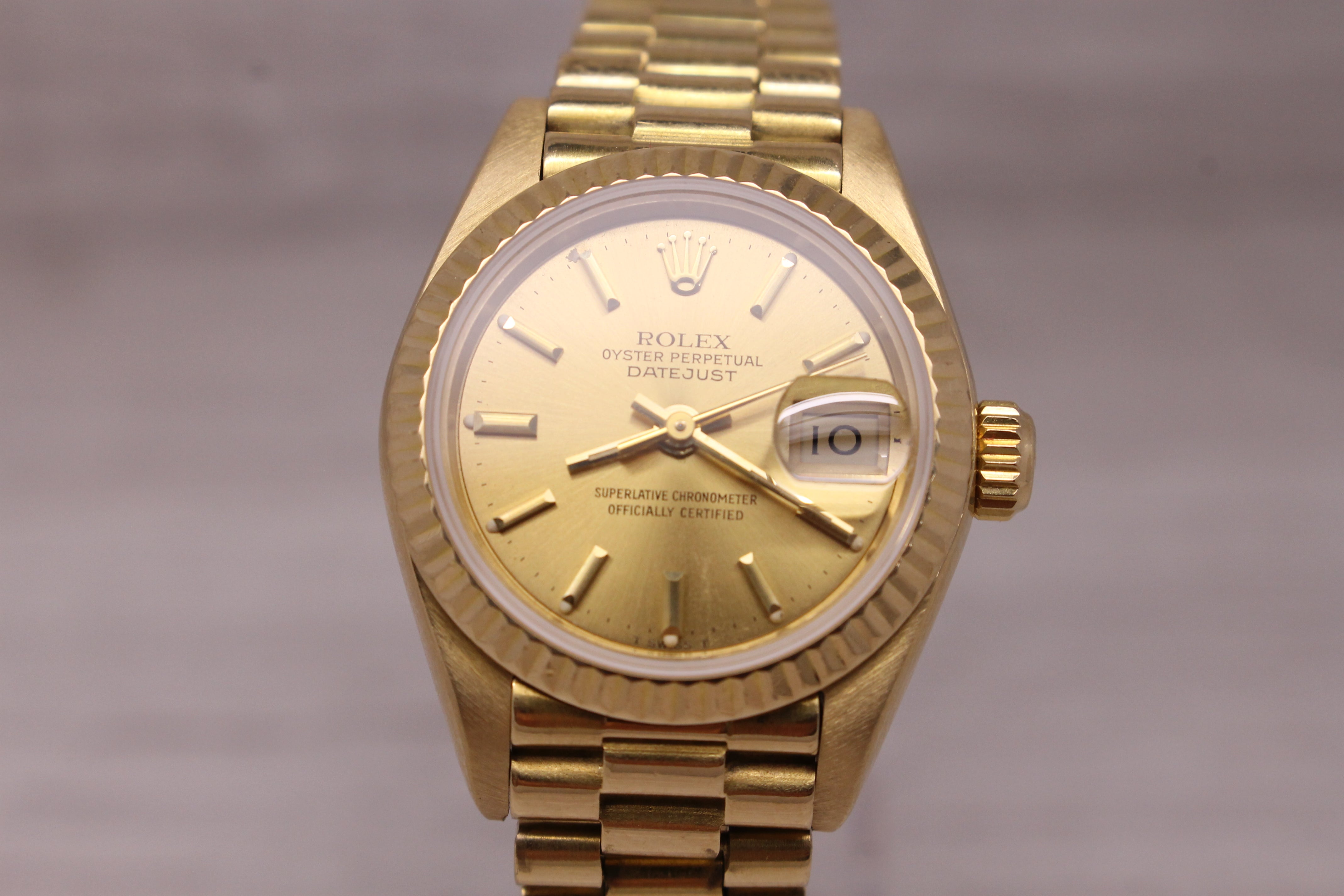 Vintage 1985 Rolex Datejust 69178 Ladies President 18k Gold Watch w Box Papers