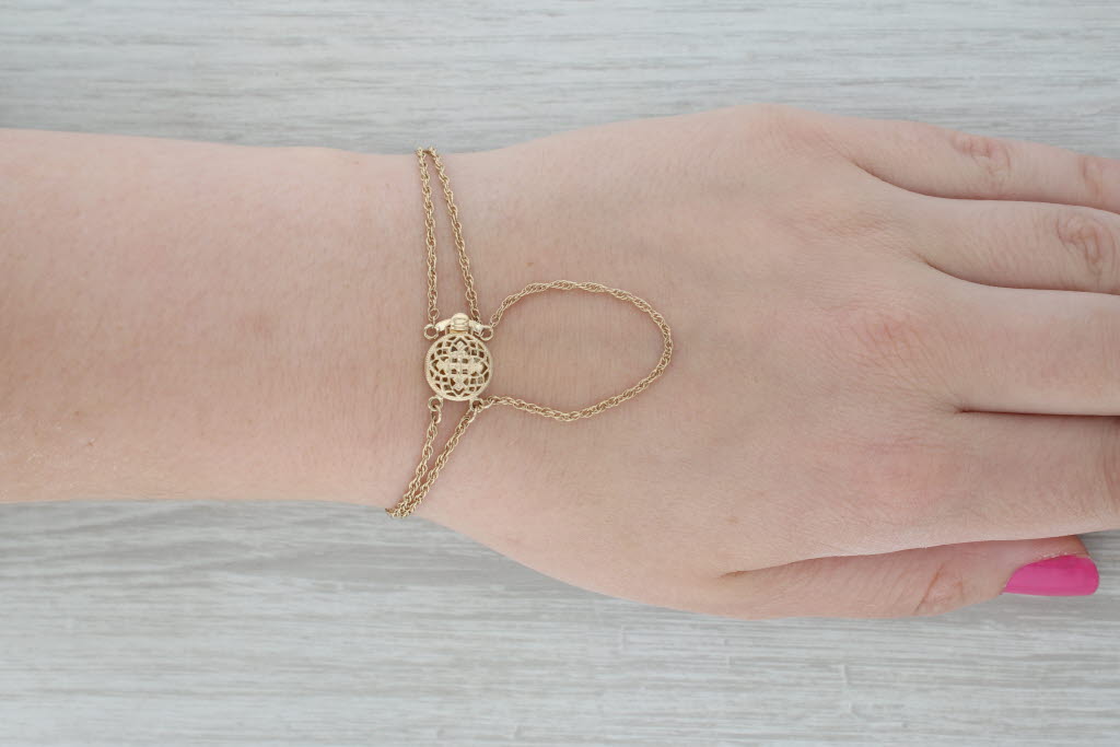 Dark Gray Double Rope Chain Starter Slide Charm Bracelet 14k Yellow Gold 7"