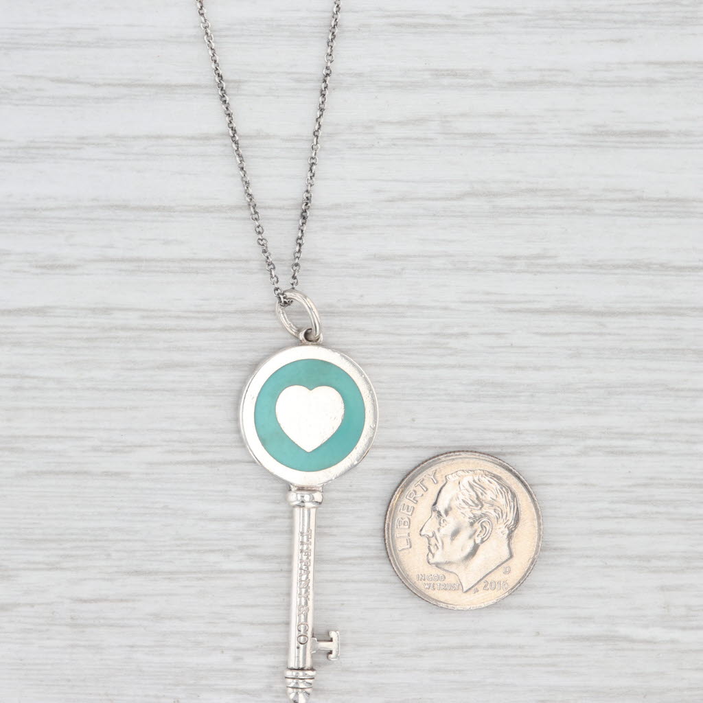 Light Gray Tiffany & Co Heart Skeleton Key Pendant Necklace Sterling Silver Blue Enamel 16"