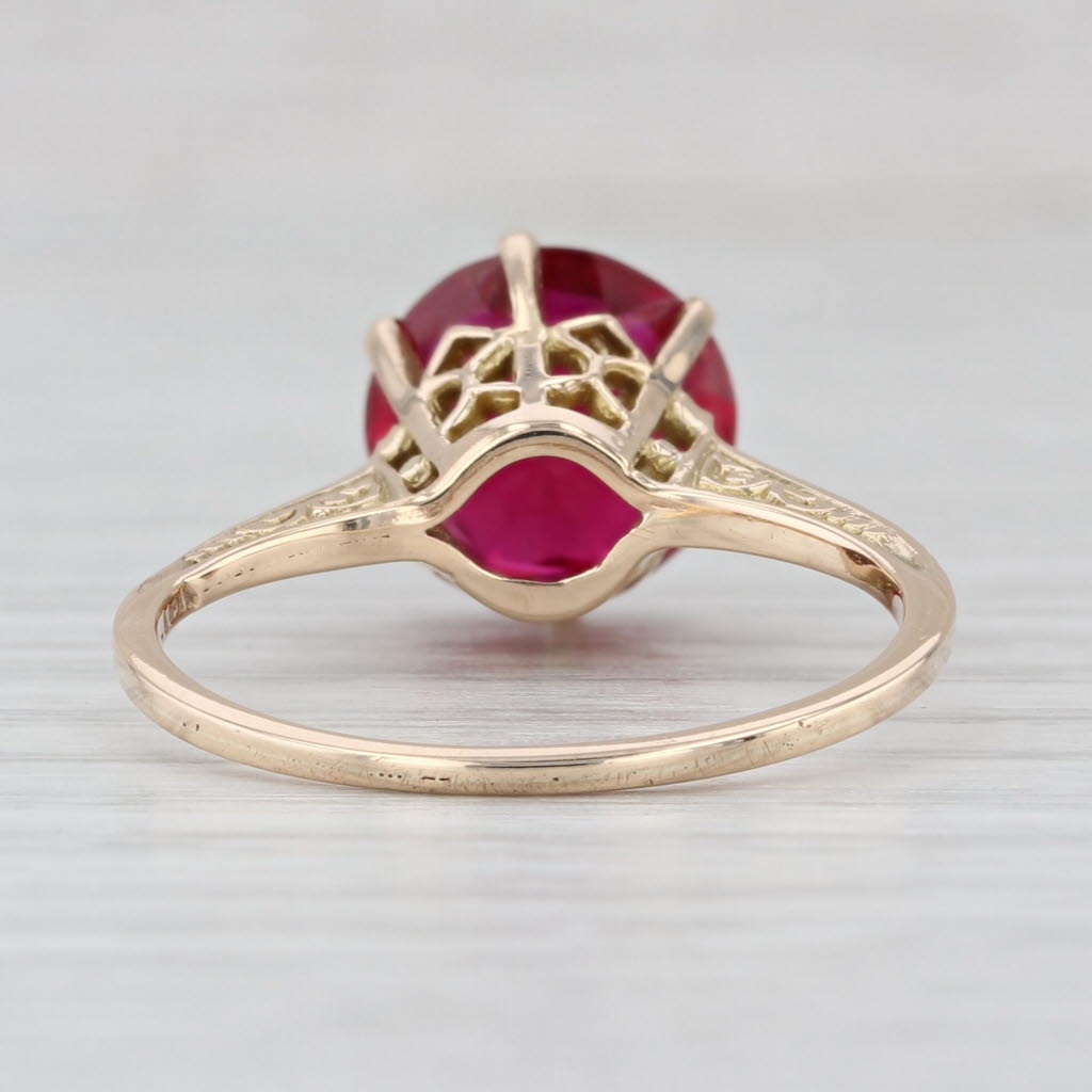 Vintage 3.90ct Lab Created Ruby Ring 10k Yellow Gold Size 8.5 Round Solitaire