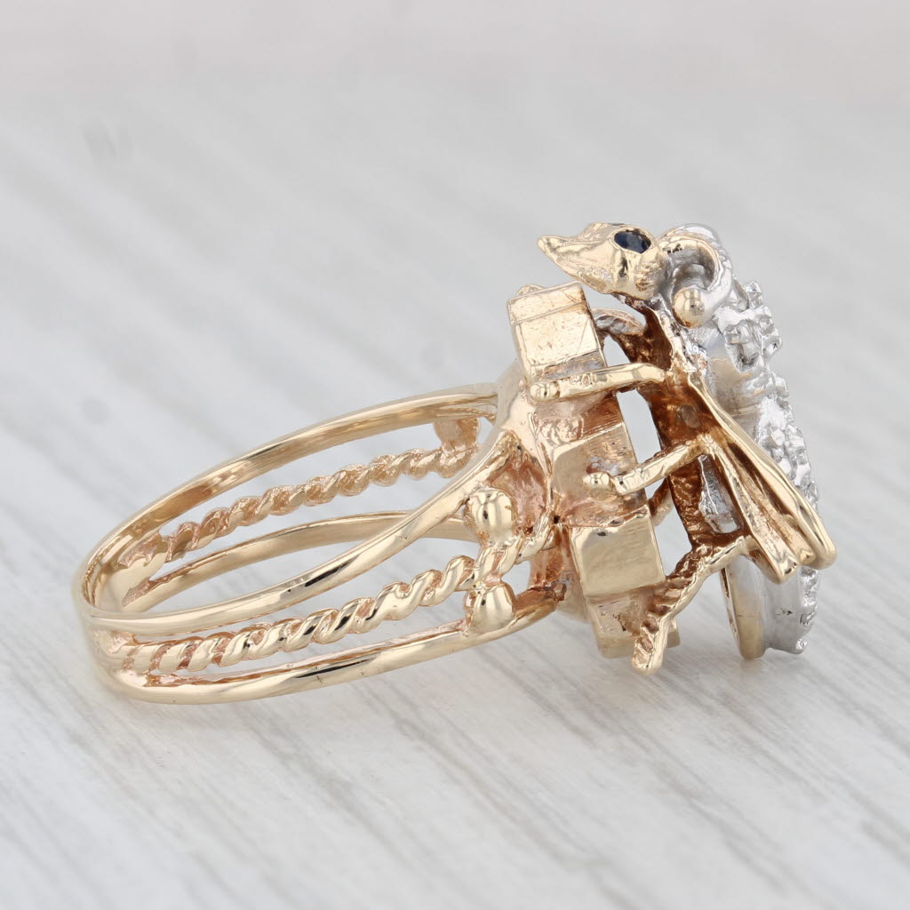 Light Gray 0.34ctw Diamond Sapphire Bee Ring 14k Yellow Gold Size 7.5 Cocktail