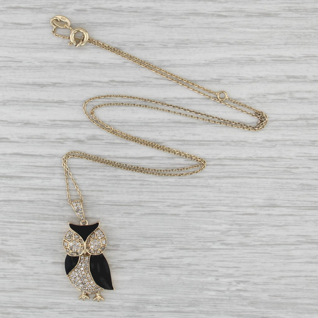 0.44ctw Diamond Enamel Owl Pendant Necklace Sterling Silver Gold Vermeil 18-20"