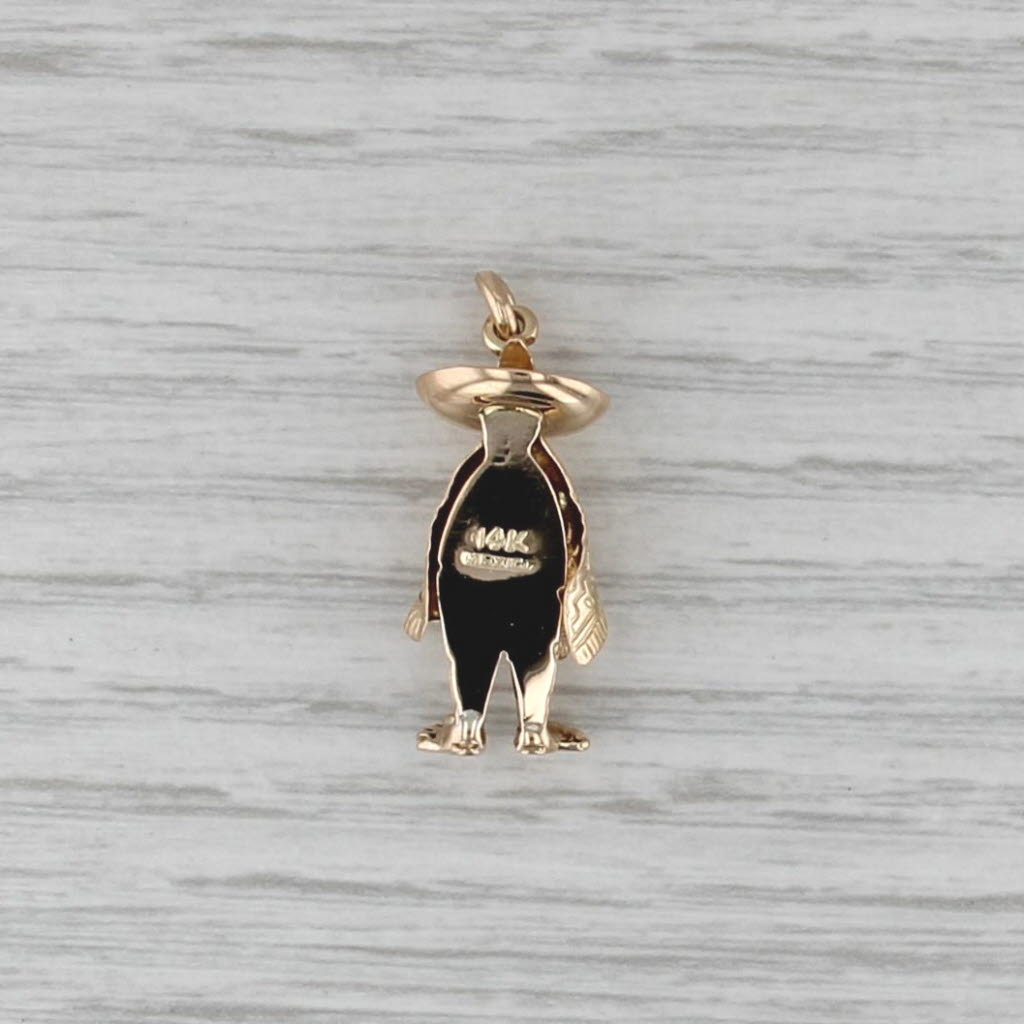 Mexican Figure Charm 14k Yellow Gold Wearing Sombrero Poncho Souvenir Pendant