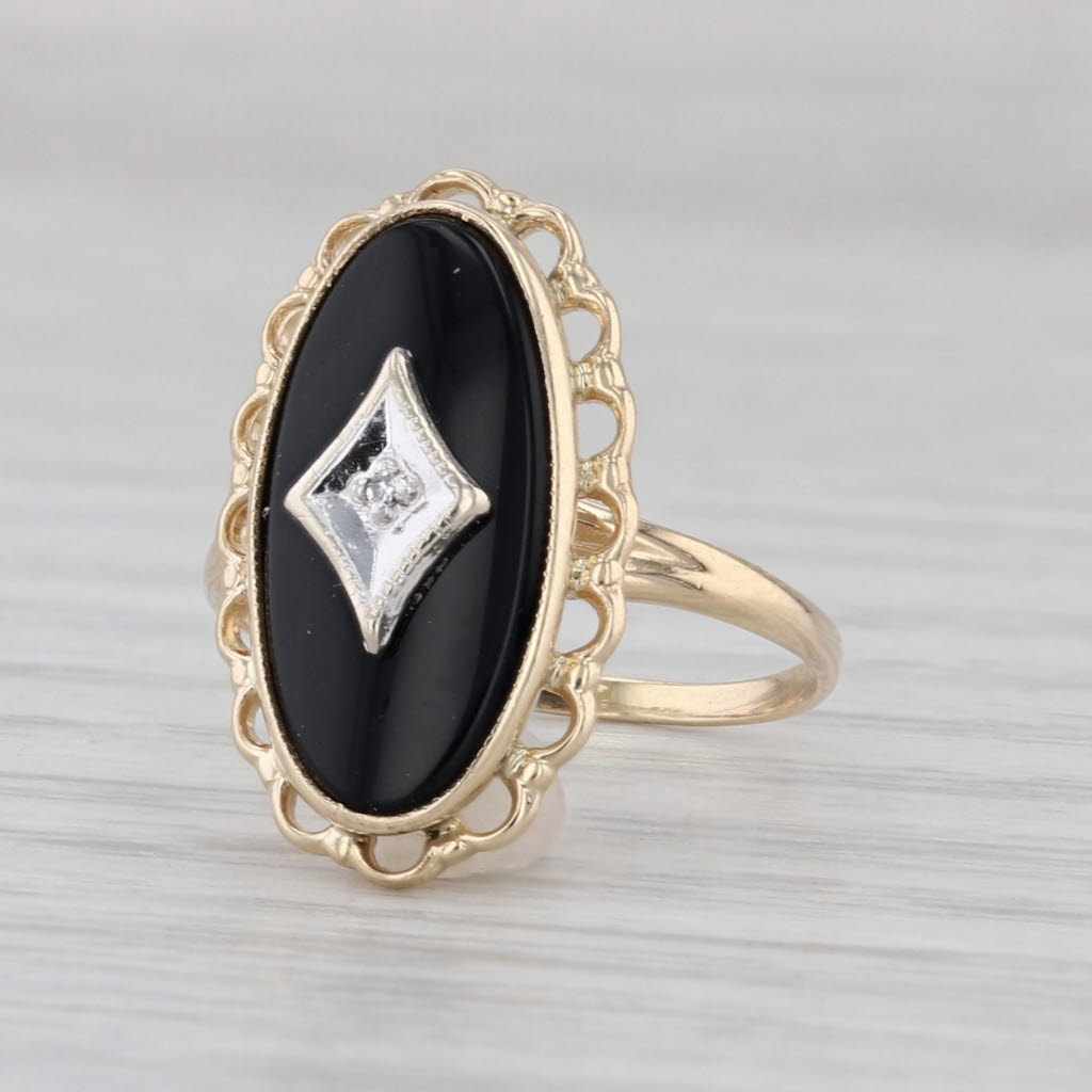 Vintage Onyx Diamond Signet Ring 10k Yellow Gold Size 4.75