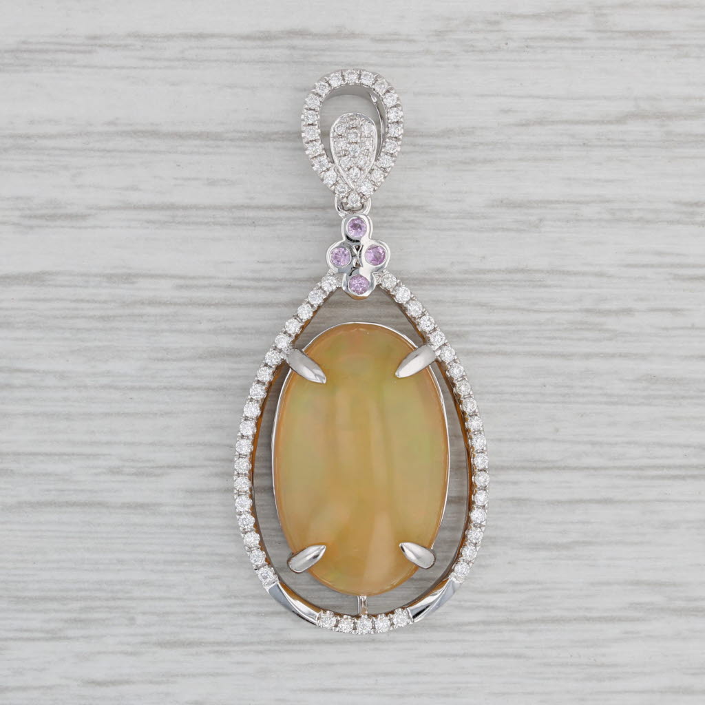 Gray Opal Cabochon Diamond Pink Sapphire Pendant 14k White Gold Statement