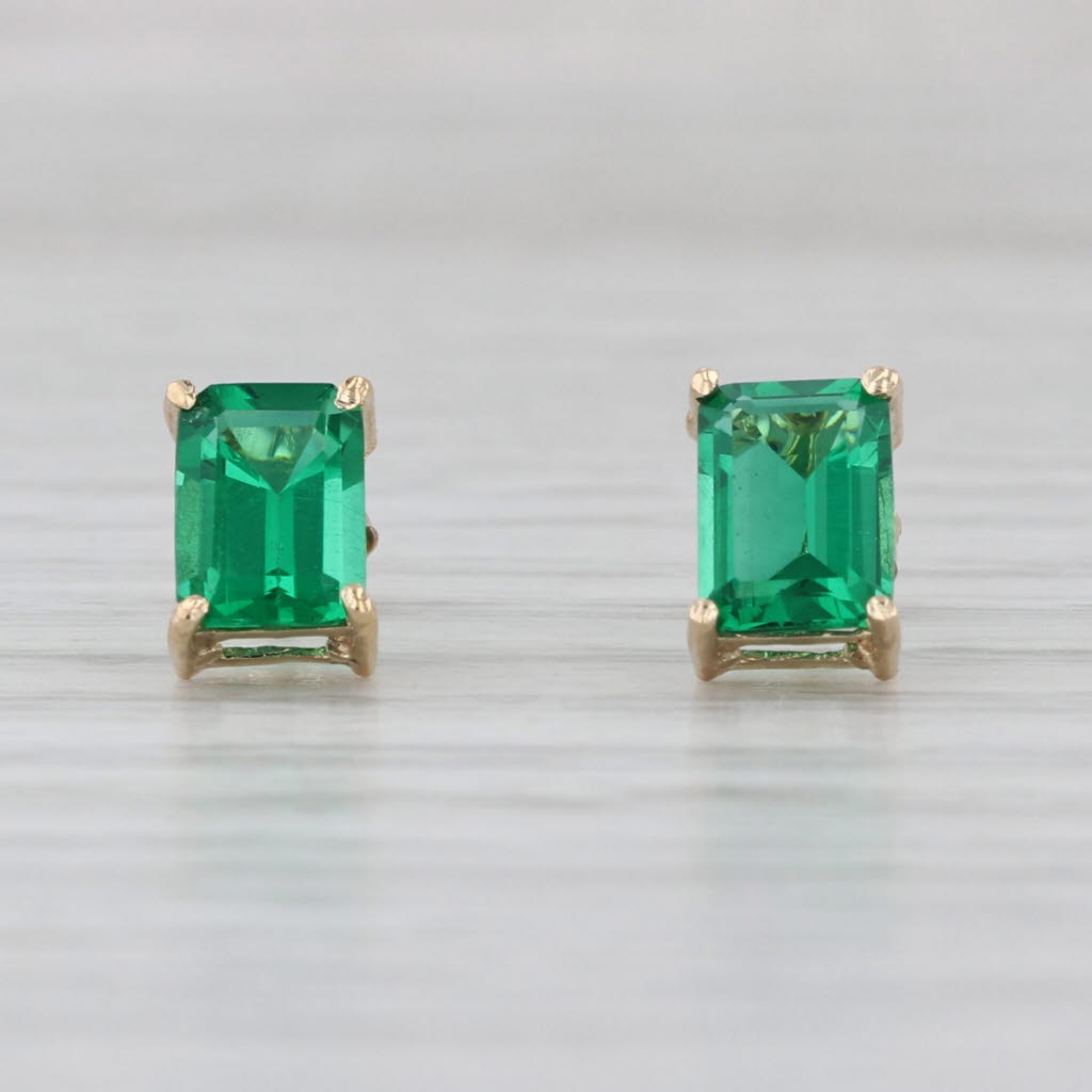 Green Glass Stud Earrings 14k Yellow Gold Emerald Cut Solitaire Studs