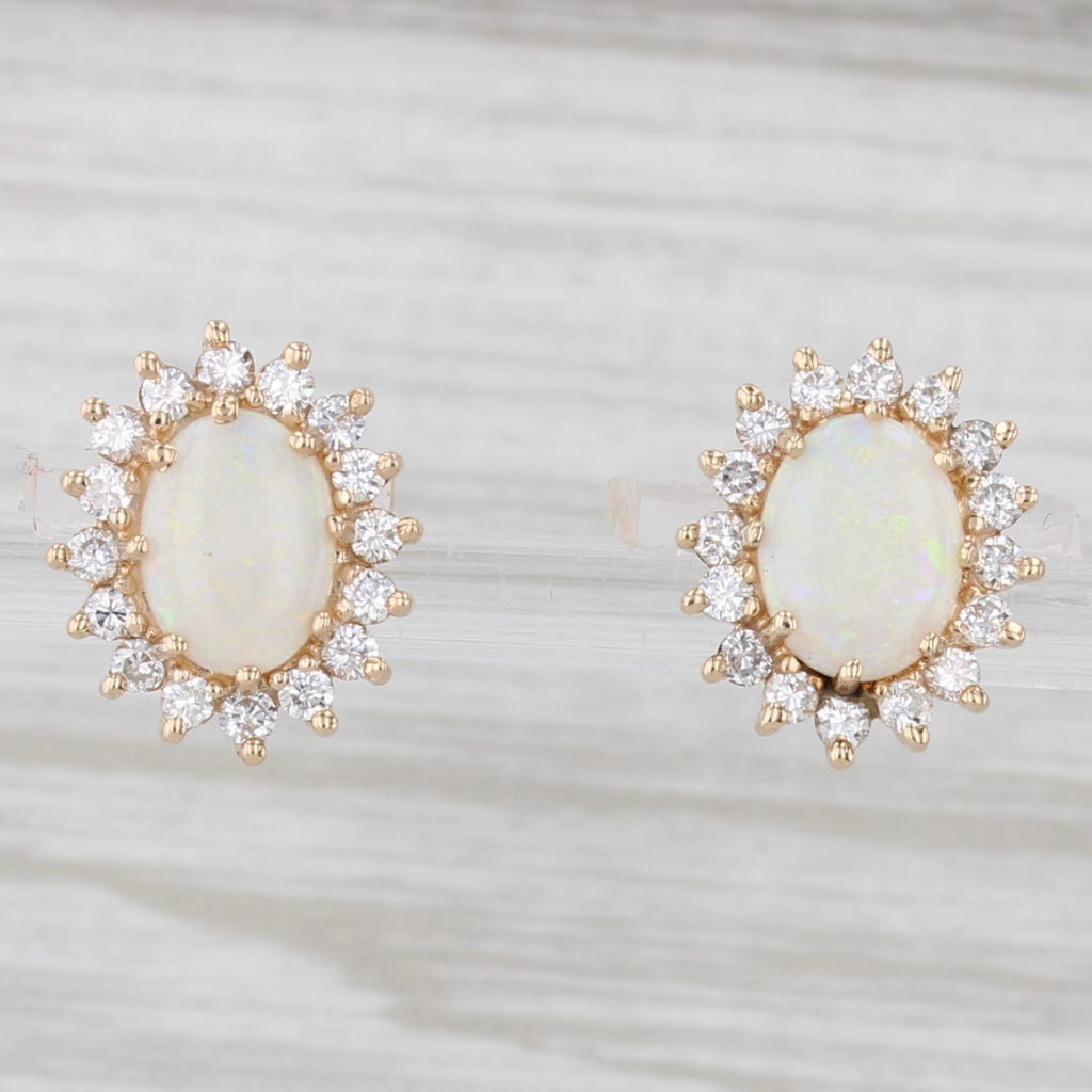 Light Gray Opal 0.65ctw Diamond Halo Stud Earrings 14k Yellow Gold