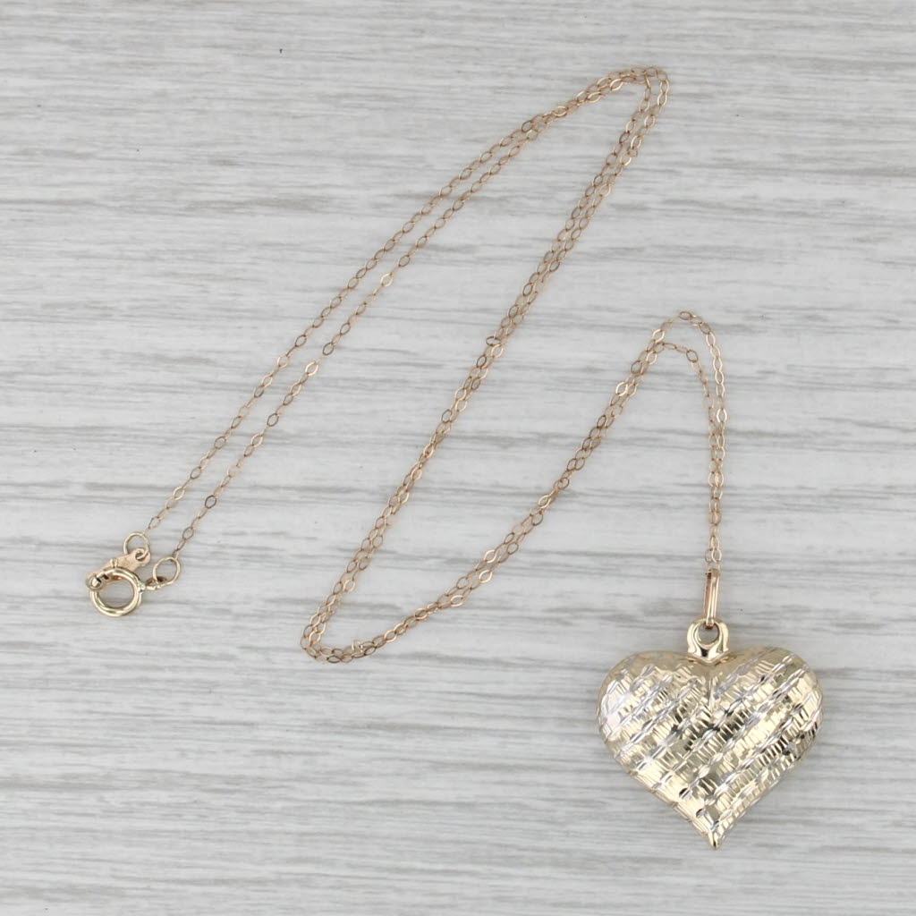 Crosshatch -Toned Puffy Heart Pendant Necklace 10k Yellow White Gold 18.25"