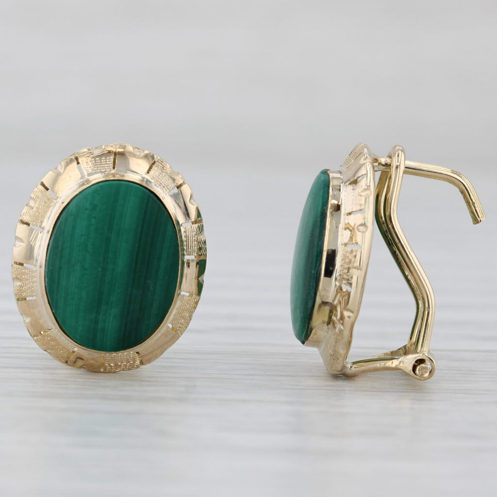 Light Gray Green Malachite Oval Cabochon Stud Earrings 14k Yellow Gold Omega Backs