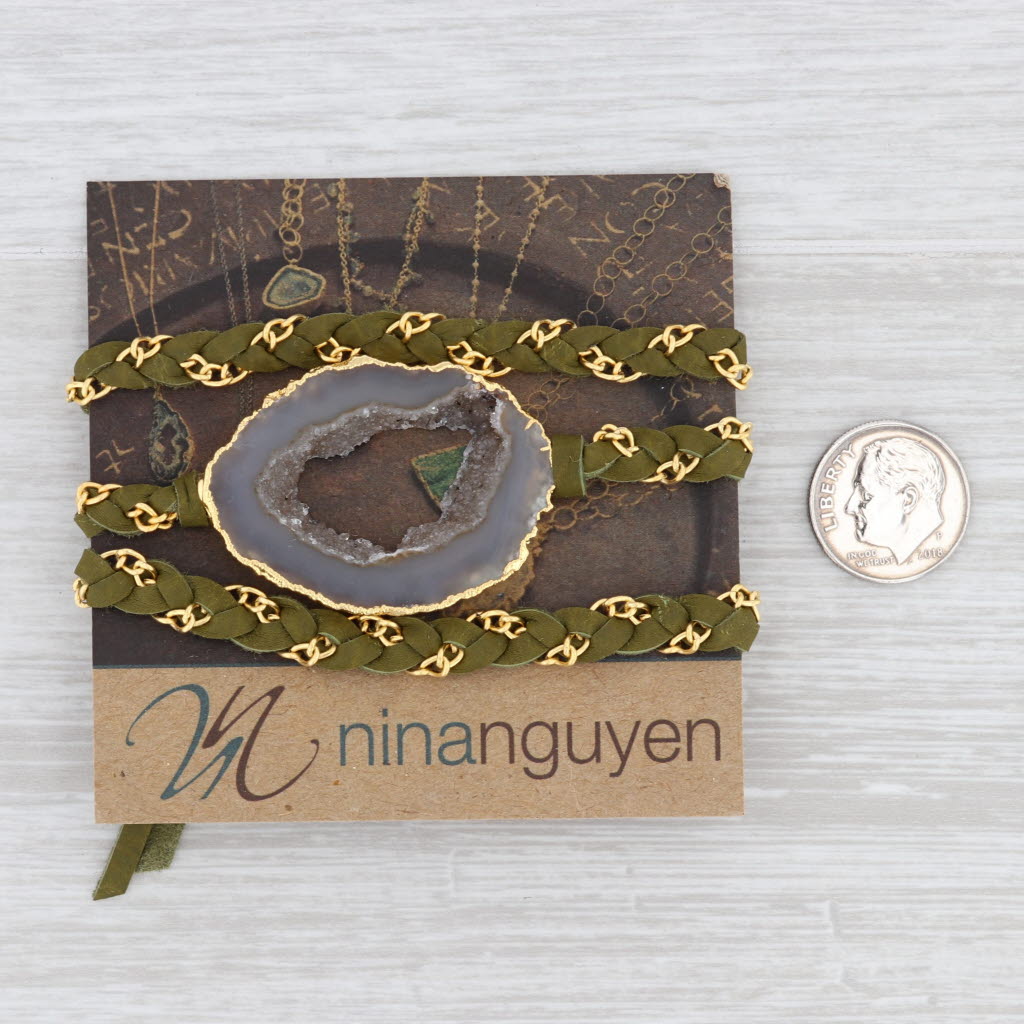 New Nina Wynn Cordelia Necklace Druzy Geode Woven Green Leather