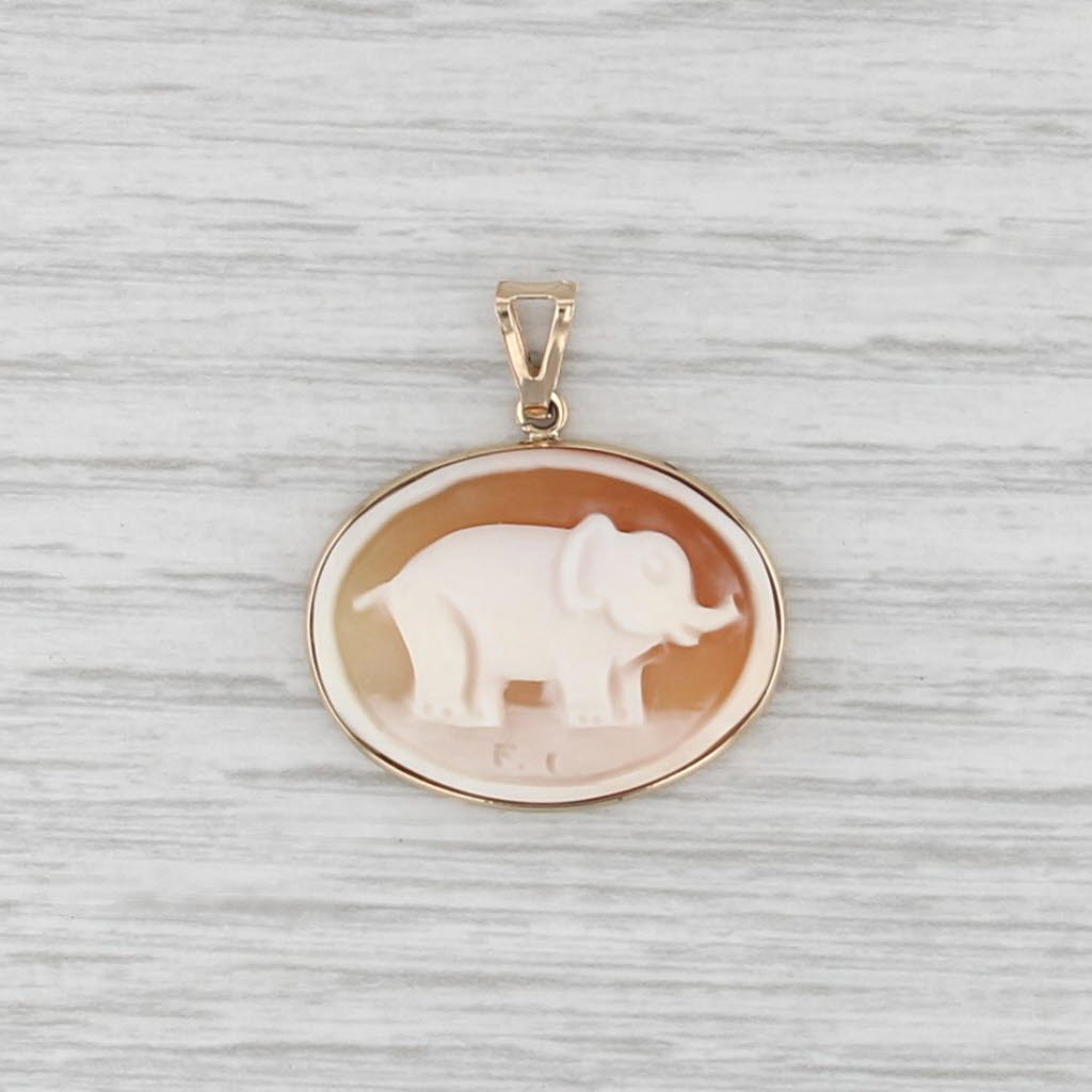 Vintage Shell Carved Elephant Cameo Pendant 14k Yellow Gold Italian