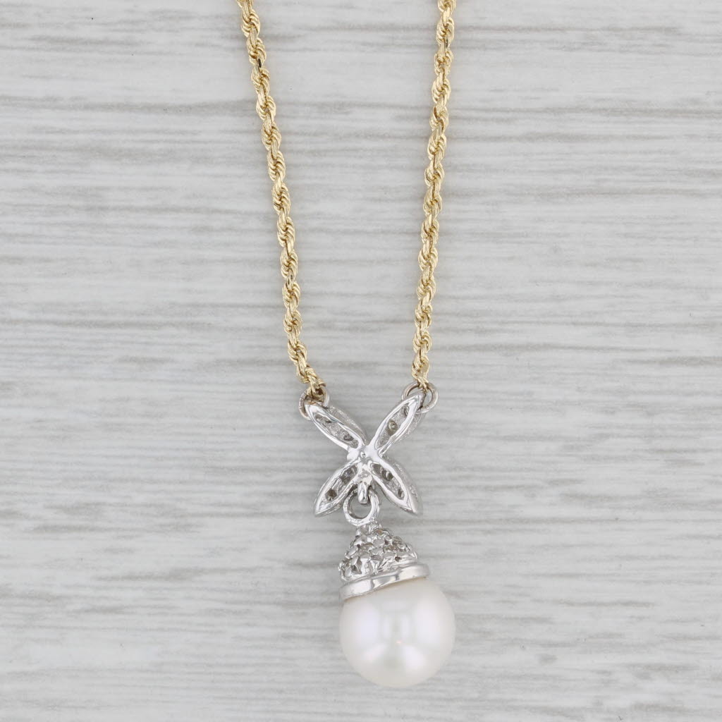 Gray 0.15ctw Diamond Cultured Pearl Pendant Necklace 14k Gold 16.25" Rope Chain