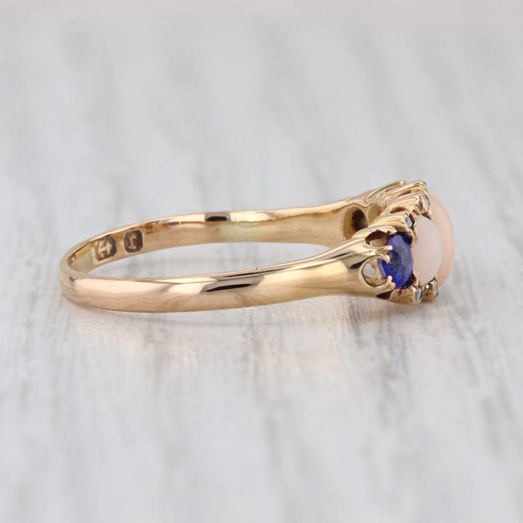 Victorian Antique Garnet Coral Diamond Ring 18k Yellow Gold Size 8.25