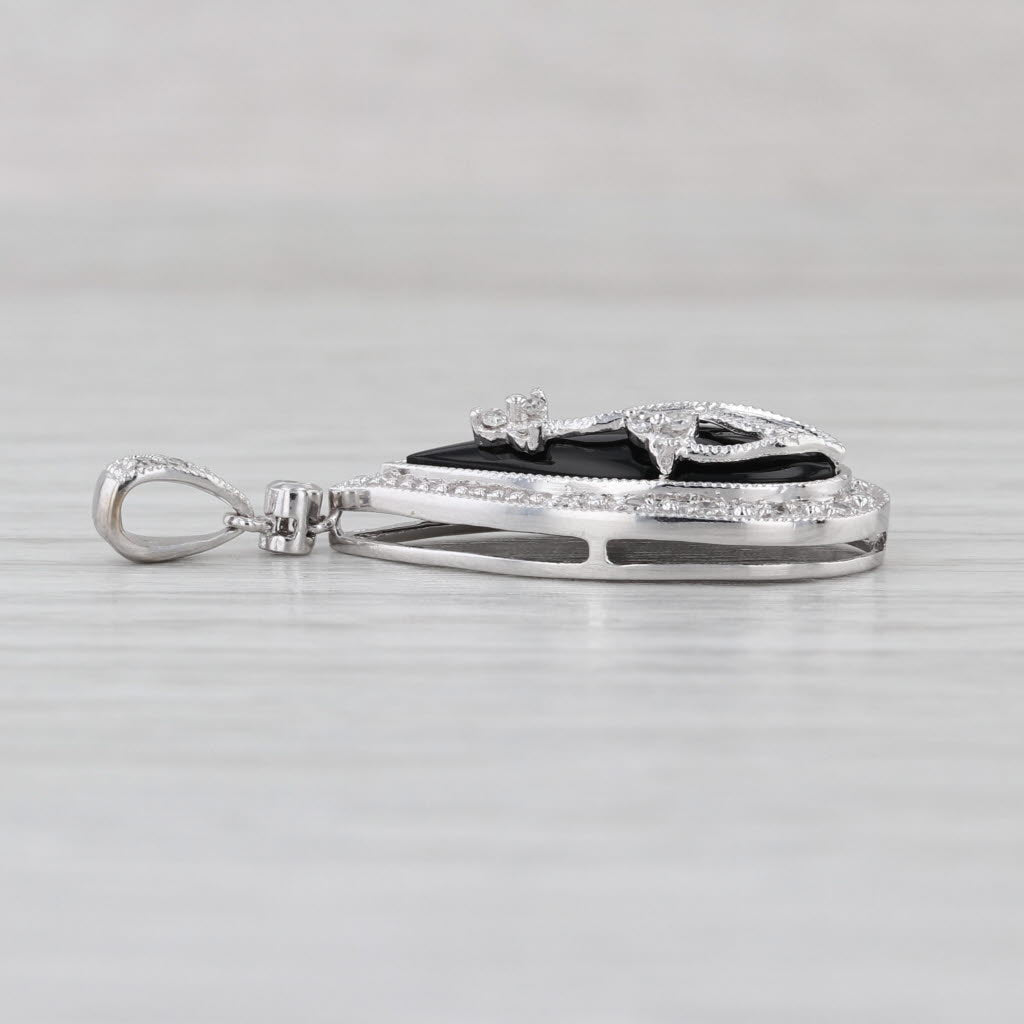Onyx Diamond Floral Teardrop Pendant 10k White Gold Teardrop