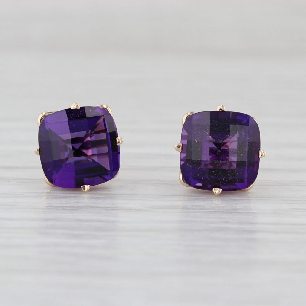 4ctw Amethyst Stud Earrings 14k Yellow Gold Cushion Solitaire Studs