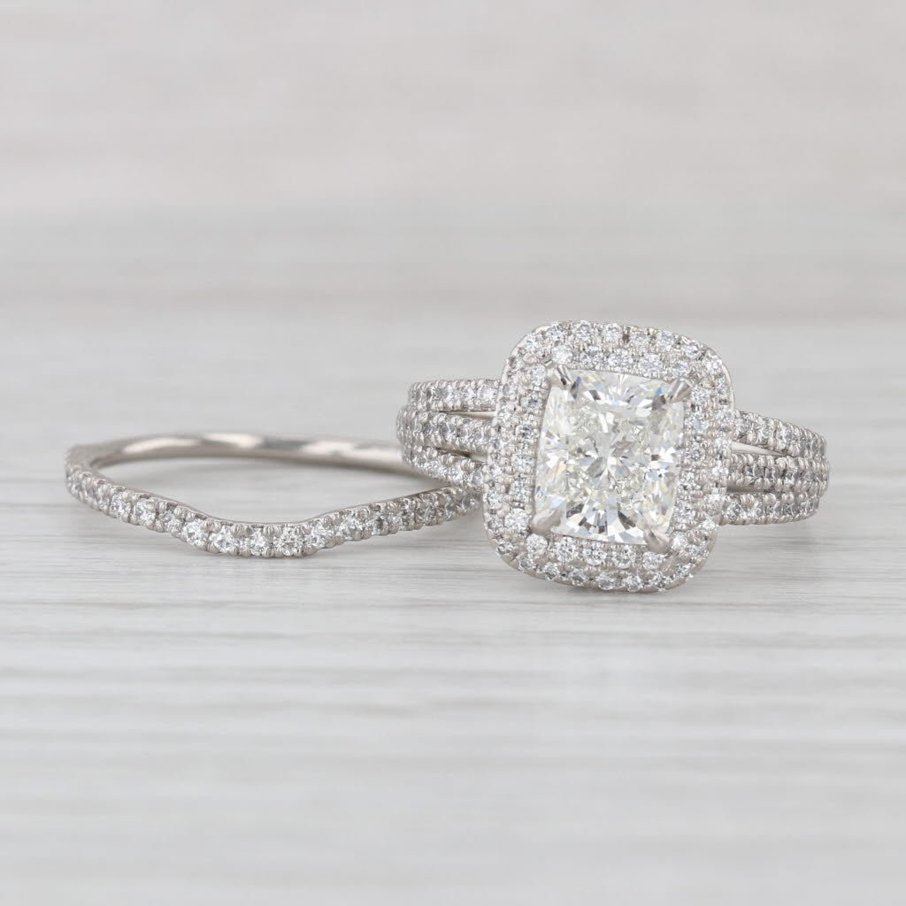 2.76ctw Cushion Diamond Halo Engagement Wedding Band Set Platinum Size 7.25 GIA