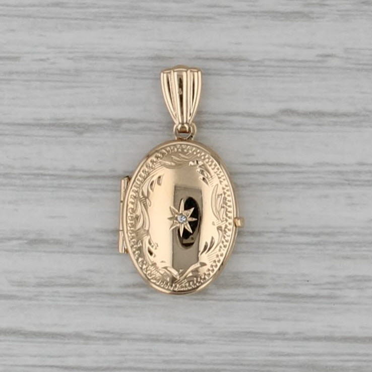 Diamond Star Ornate Photo Locket Pendant 14k Yellow Gold Opens Engravable
