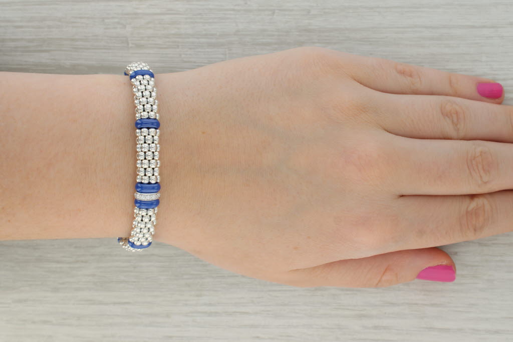 Dark Gray Lagos Bead Bracelet 0.10ctw Diamond Sterling Silver Blue Ceramic 6.75" w/ Bag