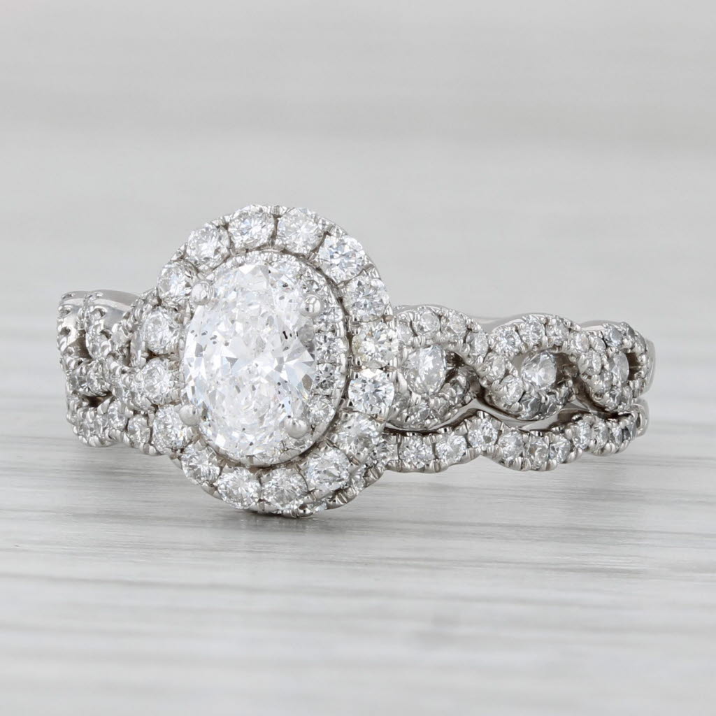 Light Gray Neil Lane 0.75ctw Oval Diamond Halo Engagement Ring Wedding Band Set 14k Gold