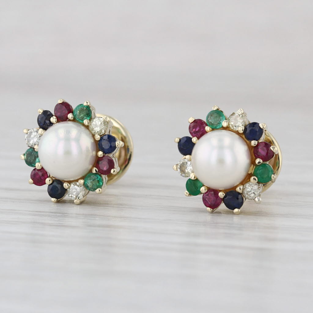Cultured Pearl Gemstone Stud Earrings 14k Gold Ruby Emerald Sapphire Diamond