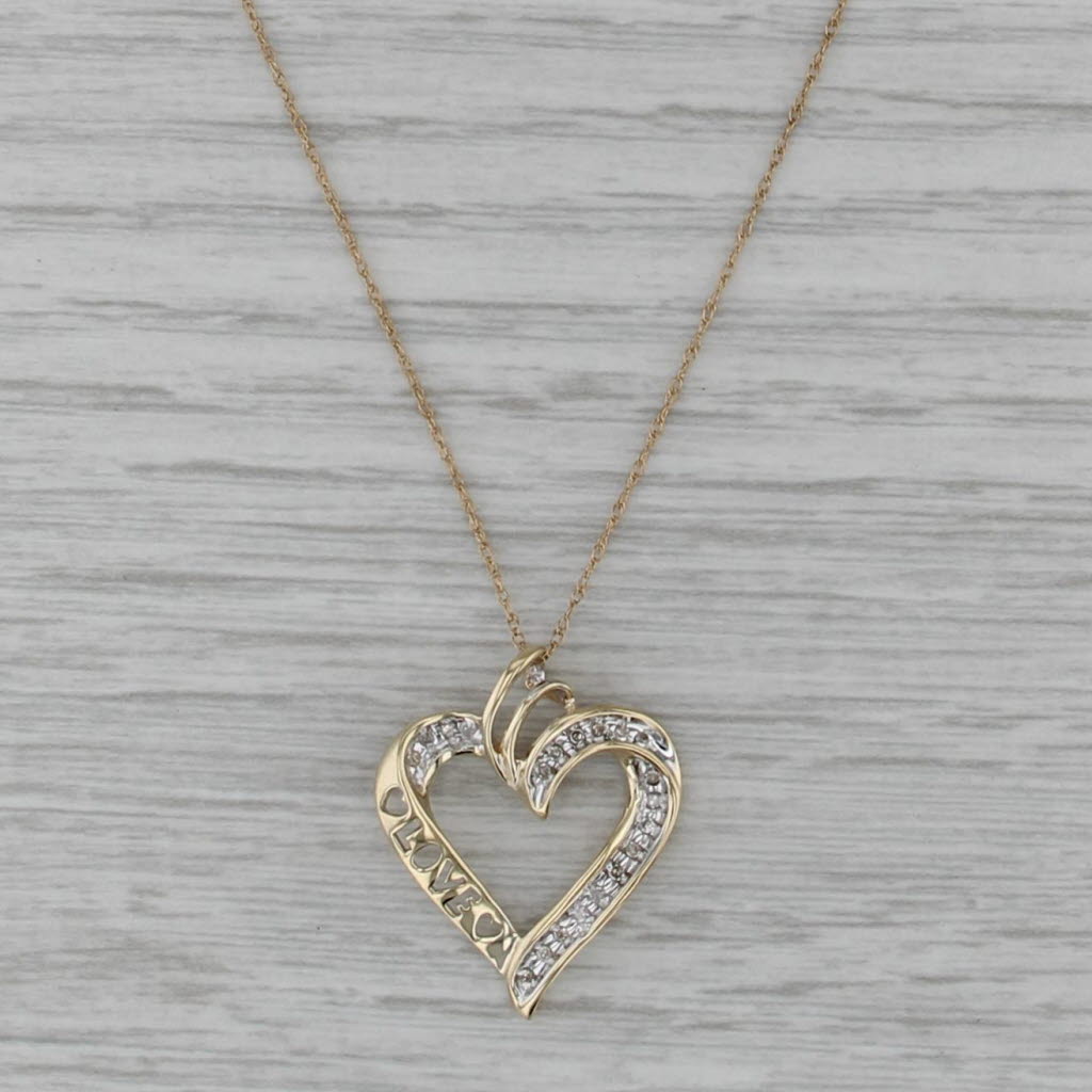 0.10ctw Diamond LOVE Heart Pendant Necklace 14k Gold Rope Chain Jewelry Channel