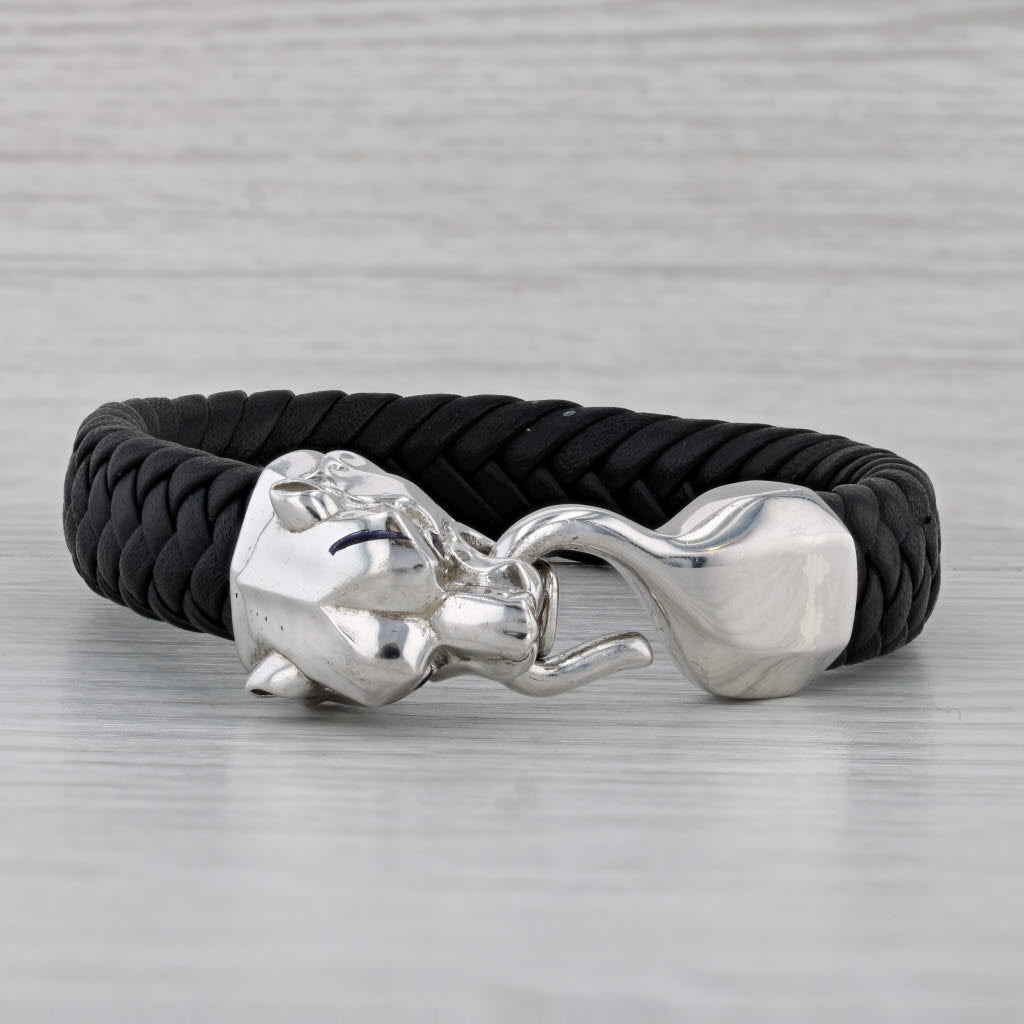 Gray New Effy Black Spinel Panther Bracelet Sterling Silver Woven Black Leather 7.5"