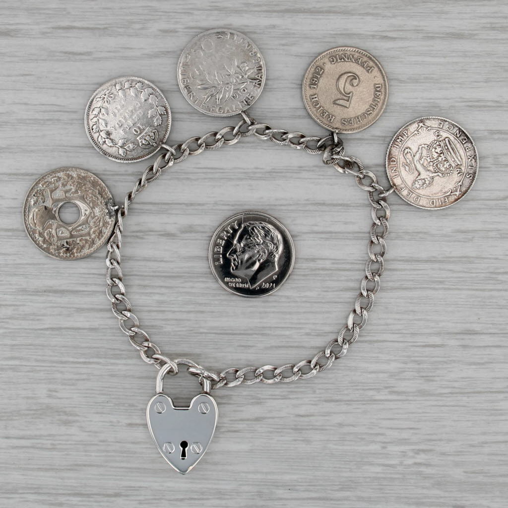 European Coin Charm Bracelet Sterling Silver Curb Chain 6.75"