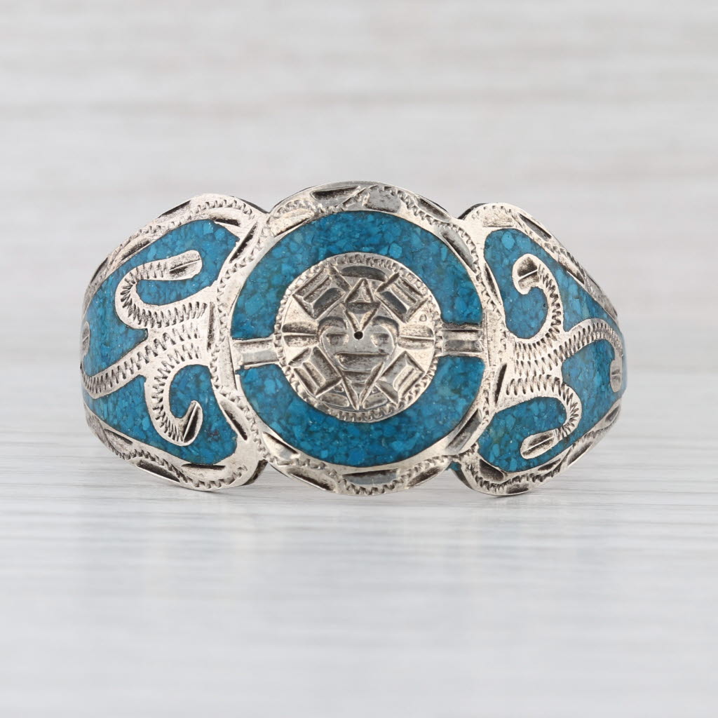 Vintage Blue Resin Mosaic Ornate Cuff Bracelet Sterling Silver