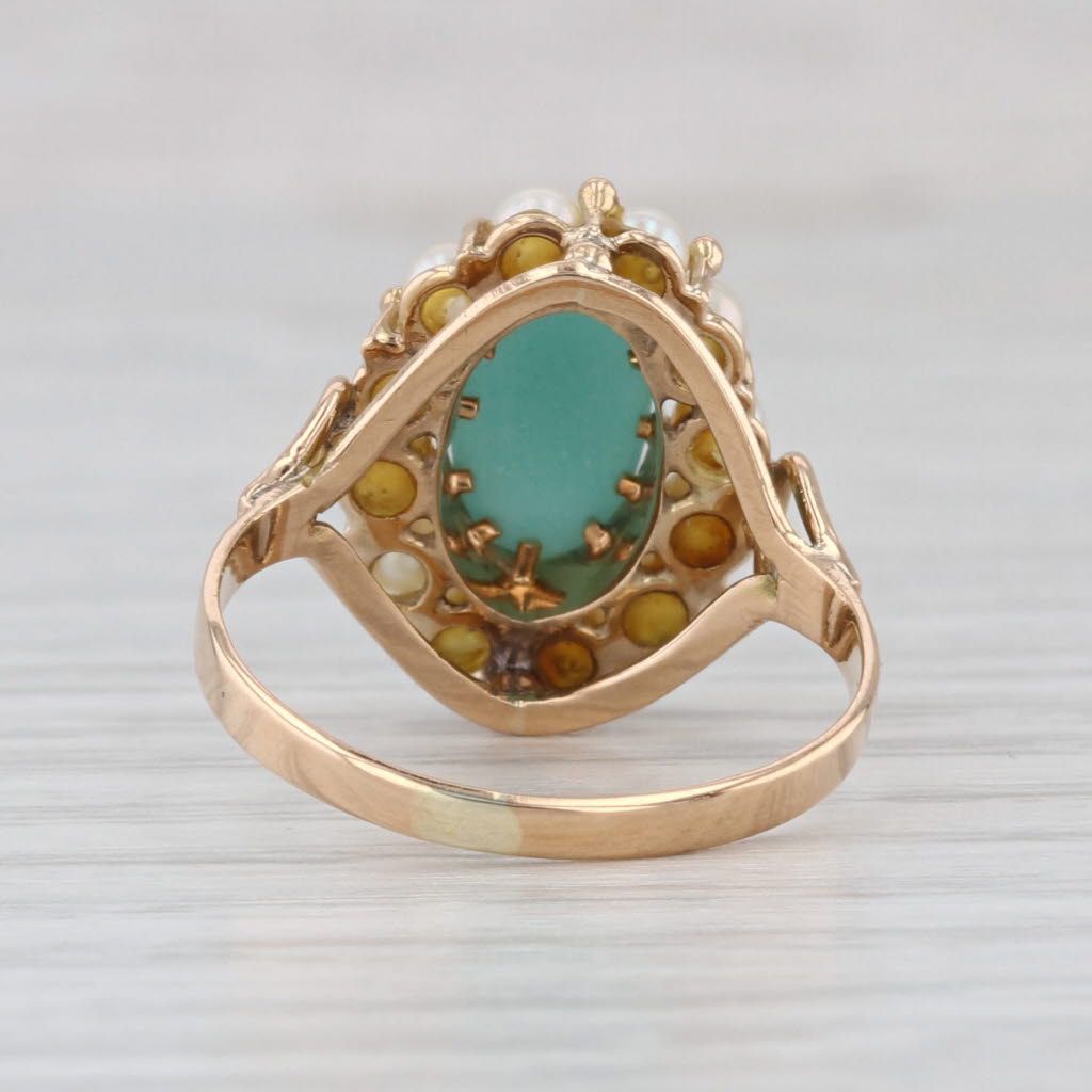 Vintage Glass Cultured Pearl Halo Ring 14k Yellow Gold Size 6