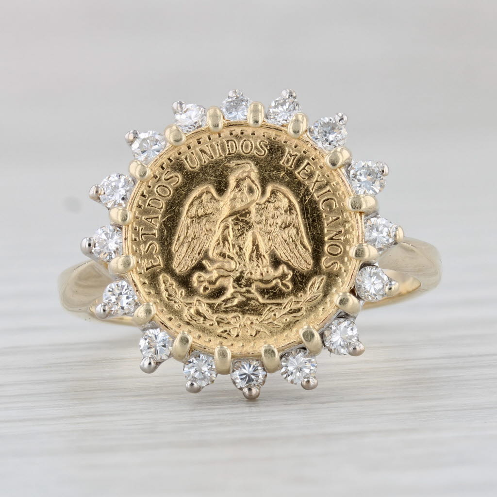 Gray 1945 Dos Pesos Coin Ring 0.40ctw Diamond 14k 900 Yellow Gold Size 9 Mexico