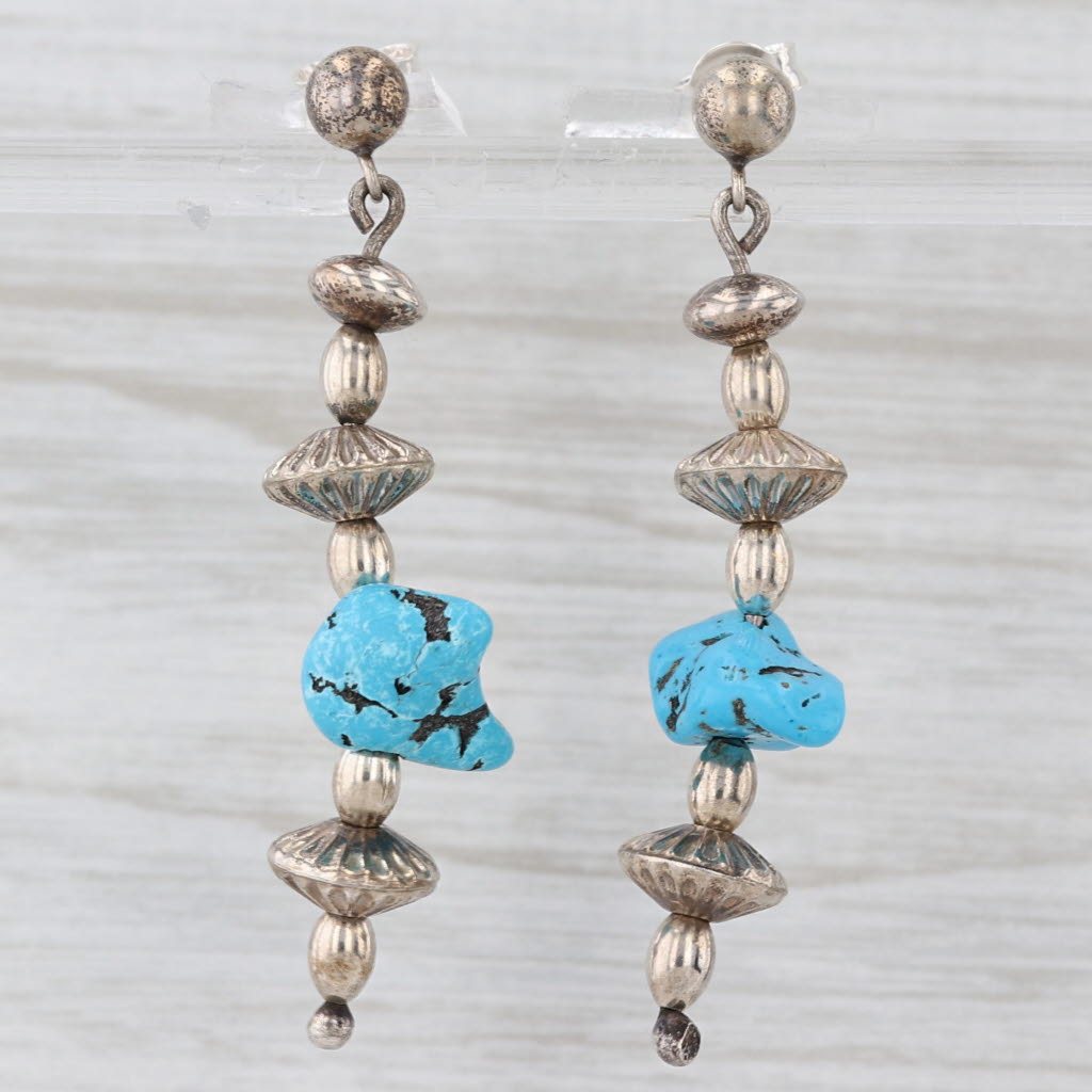 Light Gray Vintage Native American Turquoise Dangle Bead Earrings Sterling Silver