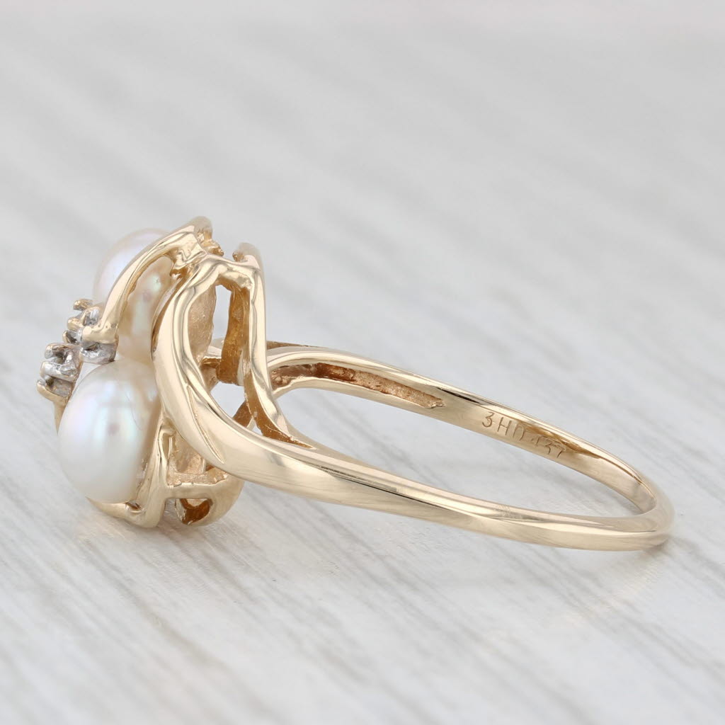 Light Gray Cultured Pearl 3-Stone Diamond Ring 10k Yellow Gold Size 7.5