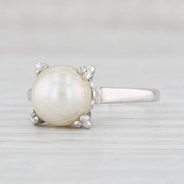 Light Gray Vintage Cultured Pearl Solitaire Ring 14k White Gold Size 7.75