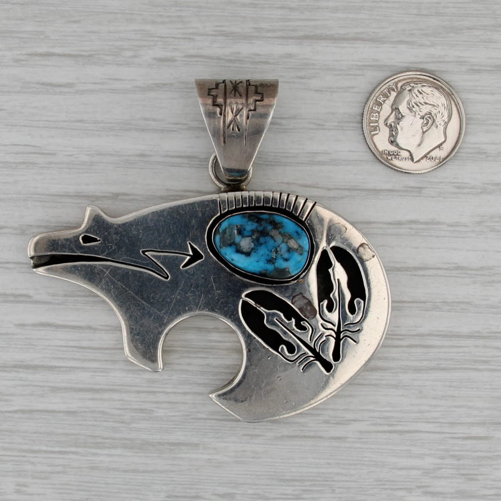 Navajo Turquoise Bear Pendant Sterling Silver Vintage Native American Ration