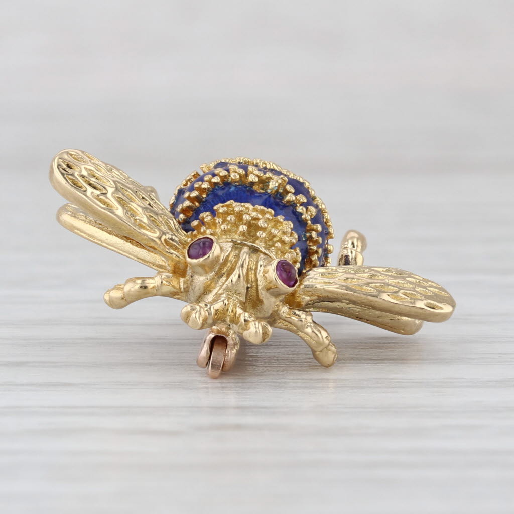 Ruby Eyed Bumble Bee Brooch 18k Yellow Gold Enamel Vintage Insect Bug Pin
