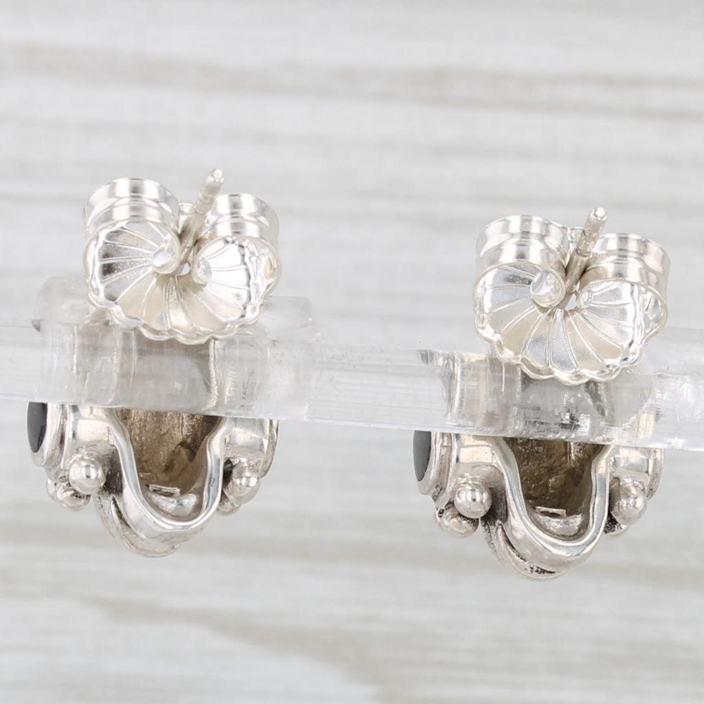 Light Gray Scalloped Silver Earrings Onyx Accents Sterling Studs