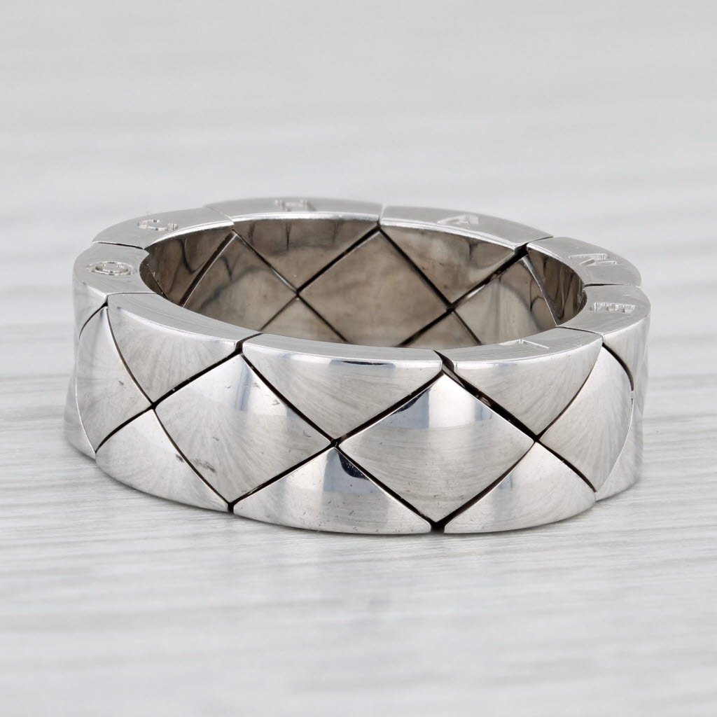 Light Gray Chanel Matelasse Quilted Coco Crush Mesh Band Ring 18k White Gold Size 9.25