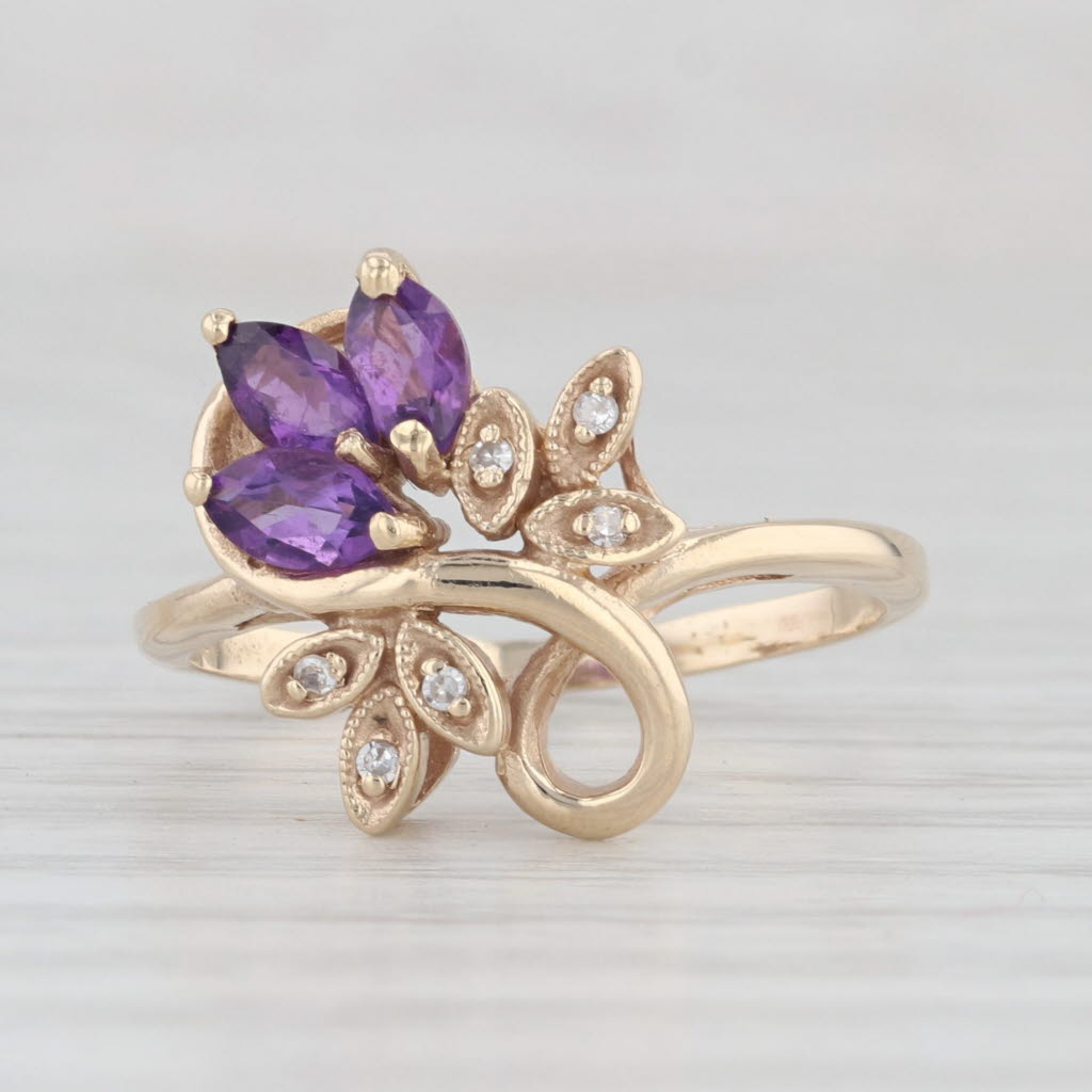 Light Gray 0.53ctw Amethyst Diamond Flower Ring 14k Yellow Gold Size 7.25