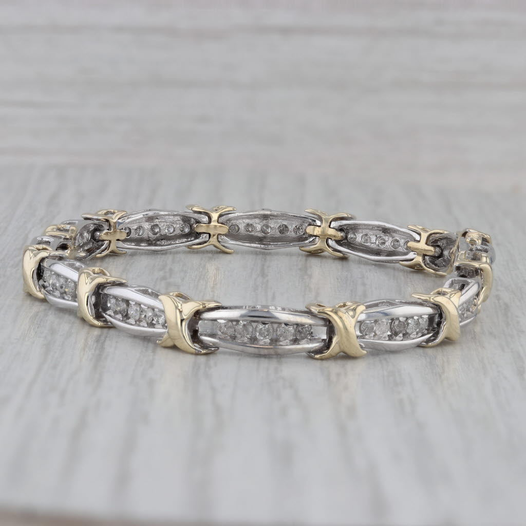 Gray 1.25ctw Diamond Bar X Link Tennis Bracelet 10k White Yellow Gold 7" 6mm