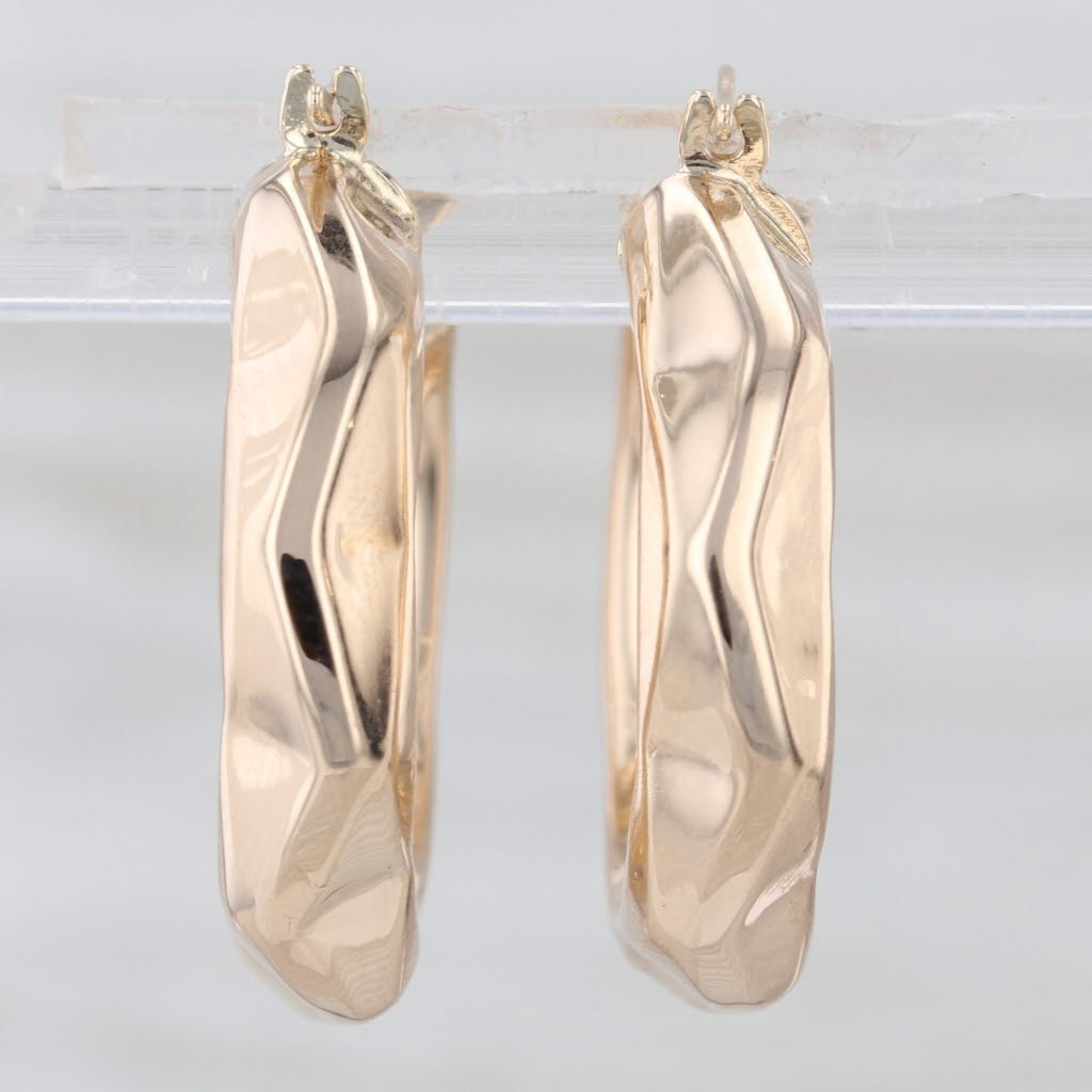 Beveled Hoop Earrings 14k Yellow Gold Snap Top Round Hoops