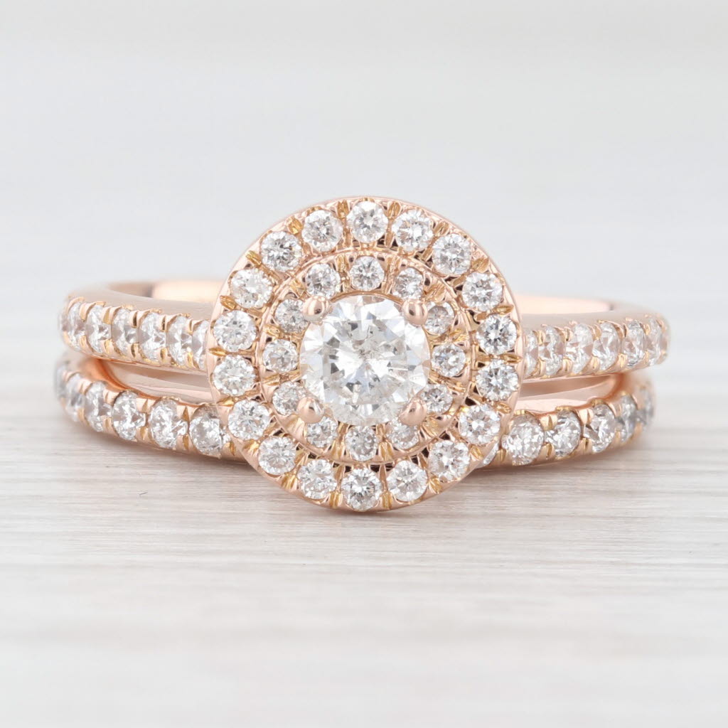 Light Gray 0.87ctw Round Diamond Halo Engagement Ring Wedding Band Bridal Set 14k Rose Gold